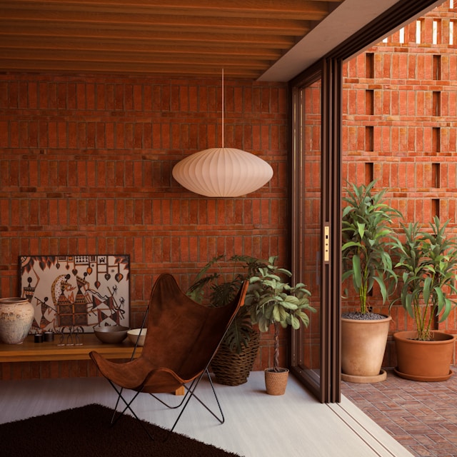A room with a chair potted plants and a lamp